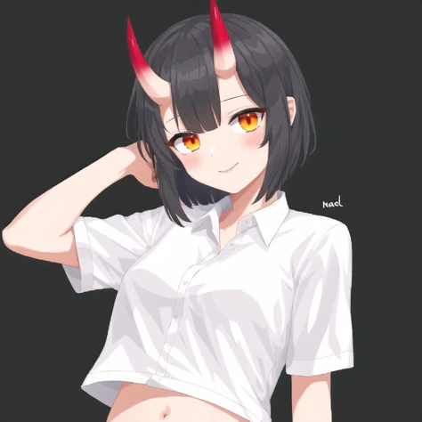 <lora:onihors:1>,  oni horns, oni, horns, 1girl, arms behind head, bad twitter id, black hair, bottomless, horns, looking at viewer, navel, no nose, oni, oni horns, orange eyes, out-of-frame censoring, parted lips, pixel art, red oni, red skin, shirt, short hair, signature, simple background, smile, smug, solo, white shirt, yellow background, colored skin