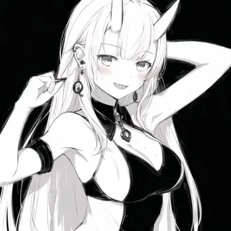 <lora:onihors:1>, oni horns, oni, horns, 1girl, animal ears, armpits, blush, breasts, content rating, cover, cover page, doujin cover, earrings, fang, glaring, greyscale, hand up, highres, ilsa \(granblue fantasy\), jewelry, large breasts, long hair, looking at viewer, monochrome, presenting armpit, simple background, solo, sweat, teeth, white background