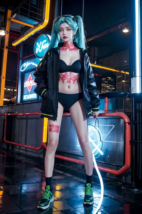 <lora:Rebecca:0.75>, rebecca_in_Cyberpunk, realistic, photorealistic, best quality, good anatomy, cowboy shot, close-up, aqua twintails, aqua long hair, mechanical eyes, ((red sclera)), ((green pupils)), open jacket, black jacket, black bra, ((black underwear)), neck tattoo, stomach tattoo, leg tattoo, bare legs, (black oversized sports shoes), ((standing naturally)), full body, outdoors, cyberpunk,neon trim, neon lights, streets, tall buildings,