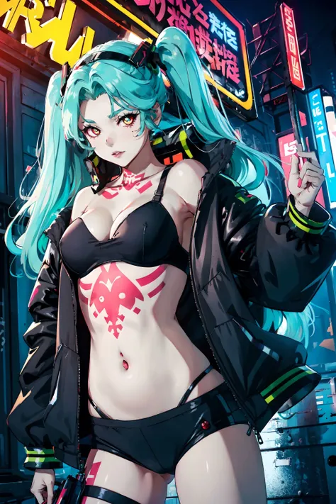 <lora:Rebecca:0.75>, rebecca_in_Cyberpunk,best quality, good anatomy, cowboy shot, close-up, aqua twintails, aqua long hair, mechanical eyes, ((red sclera)), ((green pupils)), open jacket, black jacket, black bra, black panties, neck tattoo, stomach tattoo, leg tattoo, bare legs, upper body, outdoors, cyberpunk,neon trim, neon lights, streets, tall buildings,