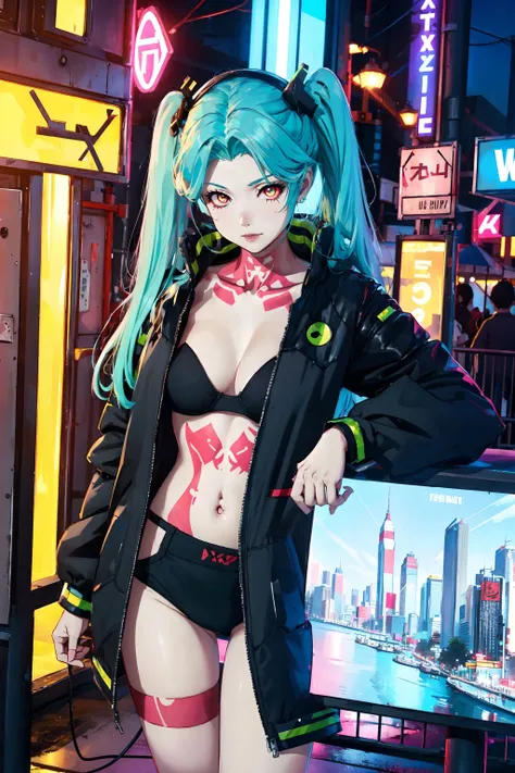 <lora:Rebecca:0.75>, rebecca_in_Cyberpunk,best quality, good anatomy, cowboy shot, close-up, aqua twintails, aqua long hair, mechanical eyes, ((red sclera)), ((green pupils)), open jacket, black jacket, black bra, black panties, neck tattoo, stomach tattoo, leg tattoo, bare legs, upper body, outdoors, cyberpunk,neon trim, neon lights, streets, tall buildings,