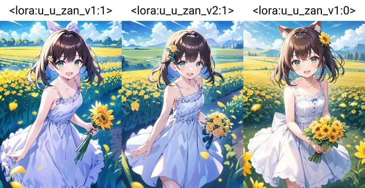 1girl, dress, flower, solo, yellow flower, holding, bouquet, outdoors, brown hair, holding bouquet, smile, looking at viewer, open mouth, sky, sleeveless, sleeveless dress, white flower, white dress, parted bangs, field, collarbone, day, bare shoulders, bangs, flower field, :d, yellow dress, bow, ribbon, frills, green eyes, sundress, standing, medium hair, blue sky, frilled dress, bare arms, orange flower
<lora:u_u_zan_v1:1>