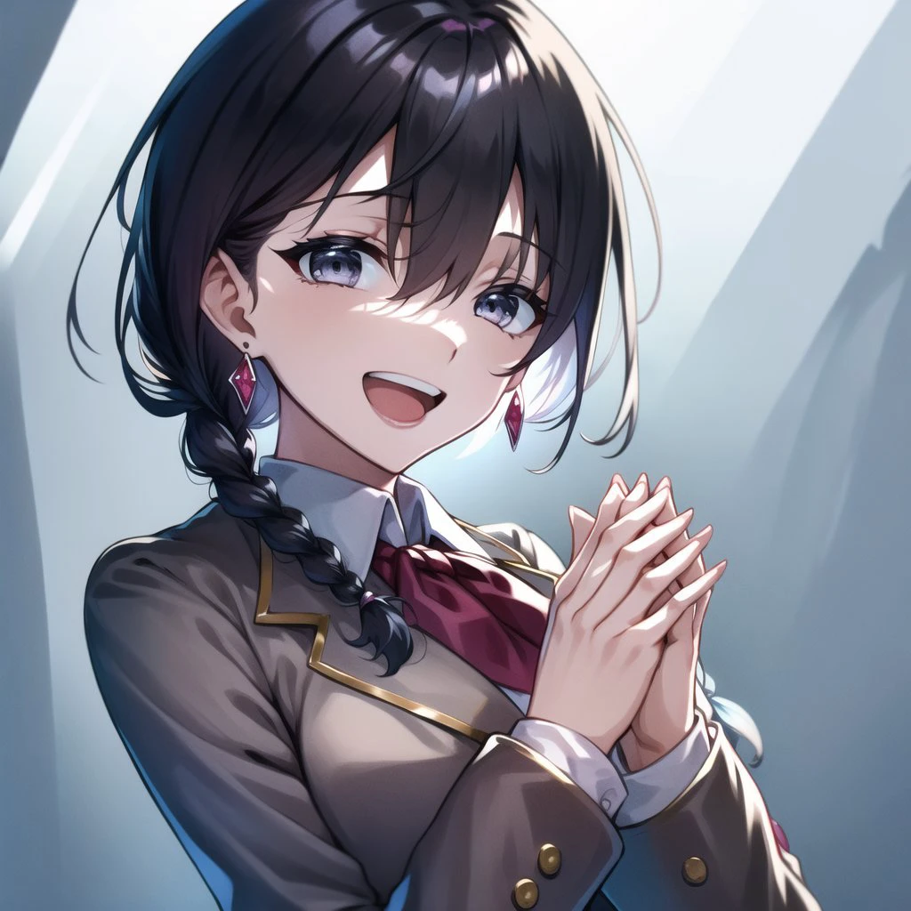 1girl, :d, bangs, black hair, blazer, braid, earrings, grey eyes, grey jacket, hair between eyes, highres, jacket, jewelry, earrings, long hair, long sleeves, looking at viewer, low ponytail, open mouth, own hands together, hands clasped, interlocked fingers, <lora:fixhand2lora_v10_pedicure.civitai:0.5>