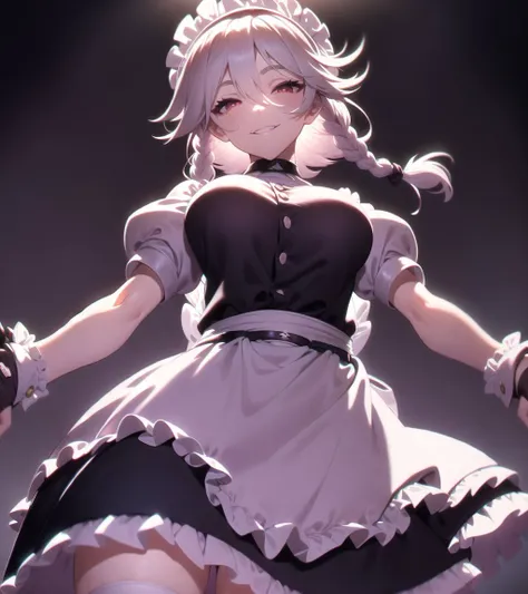 1girl, solo, breasts, looking at viewer, smile, short hair, bangs, simple background, black background, shirt, red glowing eyes, half-closed eyes, thighhighs, gloves, dress, hair between eyes, medium breasts, standing, braid, white hair, short sleeves, from below, cowboy shot, frills, parted lips, choker, black gloves, puffy sleeves, belt, fingerless gloves, nail polish, apron, (black dress), twin braids, puffy short sleeves, fingernails, wrist cuffs, maid, maid headdress, fishnets, waist apron, white apron, red nails, buckle, maid apron, frilled apron, black belt, alternate color, harness, izayoi sakuya, outstretched arms, pov