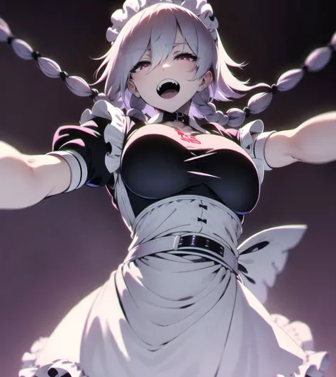 1girl, solo, breasts, looking at viewer, open mouth, close-up, imminent vore, short hair, bangs, simple background, black background, shirt, red glowing eyes, half-closed eyes, dress, hair between eyes, medium breasts, braid, white hair, short sleeves, from below, cowboy shot, frills, outstretched arms, pov, choker, black gloves, puffy sleeves, belt, fingerless gloves, nail polish, apron, (black dress), twin braids, puffy short sleeves, fingernails, wrist cuffs, maid, maid headdress, red nails, buckle, maid apron, frilled apron, black belt, alternate color, harness, izayoi sakuya, <lora:bigMouthsVore_bigMouthsV1:0.2>