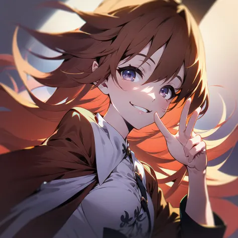 1girl, smile, hand up, peace sign