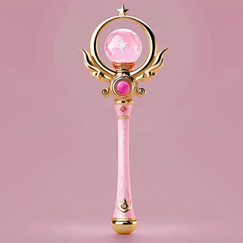 A photorealistic image of a child's toy, a grand sorcerer's staff, with a primary hue of pink. The staff is adorned with a large, intricately designed moon, within which a crystal ball is embedded, sparkling with an inner light. The background features a six-pointed star magic circle, glowing with an ethereal luminescence, casting a mystical ambiance. The staff's handle is ornate, with magical runes and symbols that seem to dance along its surface, and the entire scene is imbued with a sense of whimsy and enchantment, befitting a powerful wizard from a fantastical realm.<lora:girl_toy_style:0.55>,