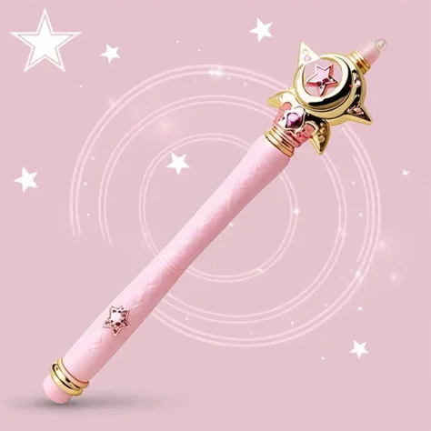 For a photorealistic depiction of a child's toy nunchaku: the main body is a soft pink hue, adorned with sparkling gems and crescent moon designs. The background features a mystical six-pointed star magic circle, glowing subtly with ethereal light. The nunchaku's handles are gracefully designed, capturing the innocence and whimsy of childhood, while the intricate details of the gems and moon shapes are rendered with careful precision to reflect their playful yet magical essence,<lora:girl_toy_style:0.65>,