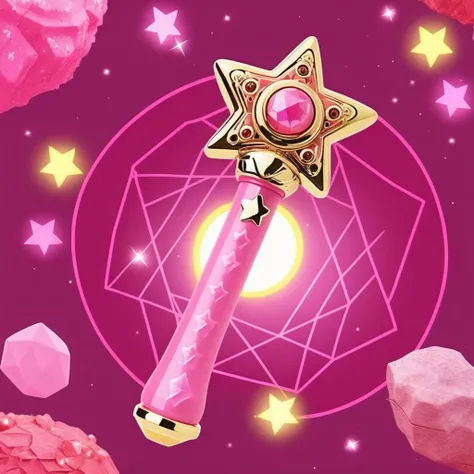 A photorealistic image of a child's toy meteor hammer, with the main body in a vibrant pink hue. The hammer is intricately adorned with sparkling gems and crescent moon motifs, adding a whimsical yet majestic touch. In the background, a magical six-pointed star, or hexagram, forms a mystical circle, suggesting a realm of enchantment and wonder. The gems catch the light, creating a dazzling effect, while the moon shapes provide a dreamy and otherworldly aura. The hexagram is detailed and precise, glowing softly to complement the meteor hammer's magical theme,<lora:girl_toy_style:0.65>,