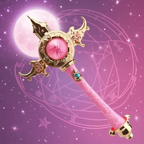 A photorealistic image of a child's toy, a grand sorcerer's staff, with a primary hue of pink. The staff is adorned with a large, intricately designed moon, within which a crystal ball is embedded, sparkling with an inner light. The background features a six-pointed star magic circle, glowing with an ethereal luminescence, casting a mystical ambiance. The staff's handle is ornate, with magical runes and symbols that seem to dance along its surface, and the entire scene is imbued with a sense of whimsy and enchantment, befitting a powerful wizard from a fantastical realm.<lora:girl_toy_style:0.55>,