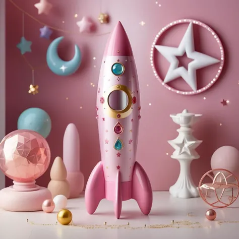 A photorealistic image of a child's toy rocket, the main body painted in a soft pink hue. The rocket is adorned with sparkling jewels, each gem catching the light to create a dazzling effect. The design also features delicate moon shapes, adding a whimsical touch. In the background, a magical six-pointed star circle, or hexagram, glows softly, creating an enchanting ambiance that complements the toy's whimsical design.,<lora:girl_toy_style:0.55>,