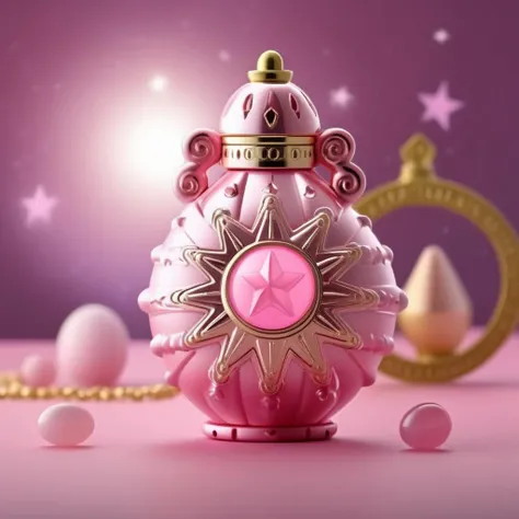 A photorealistic image of a child's toy grenade, designed with a primary color scheme of soft pinks. The grenade is intricately embellished with sparkling gemstones and adorned with crescent moon motifs. It sits against a mystically charged backdrop of a six-pointed star magic circle, which glows with an ethereal light, adding a touch of fantasy to the scene. The grenade, despite its toy-like nature, is rendered with lifelike detail, contrasting its playful design with realistic texture and shadows.,<lora:girl_toy_style:0.65>,