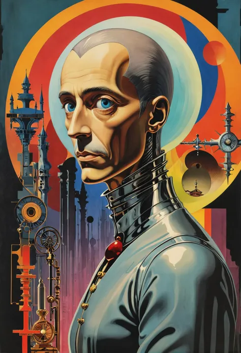 (1940s pulp Italian Renaissance poster), a character in a Italian Renaissance movie, (x-ray, deconstructed, abstract, surreal, mixed media, collage, outsider-art, avant-garde, Italian Renaissance style, triangle, circles, geometric shapes:1.4), triadic colors, stunning background. dark and moody, a mesmerizing blend of light and shadow. masterpiece, absurdres, intricate details. <lora:envyStarlightPulp_01v10:0.8>, art by Gino Cantarelli and Max Ernst