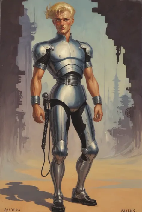 1940s pulp scifi painting, (full body:1.2), 1boy, man, handsome, solo, [:creative costume design,:0.2] paladin, caucasian, shiny oldlace hair, (athletic:1.1) build<lora:EnvyStarlightPulpScifi01:1>