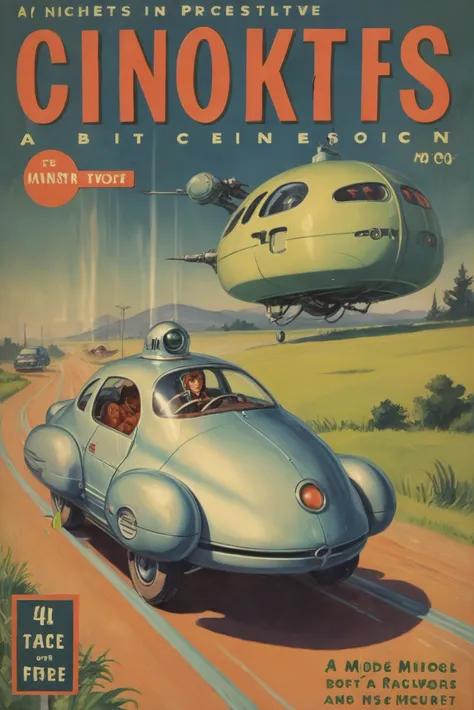 vintage 1940s pulp scifi book cover, A futuristic hovercar with an AI-driven autopilot system on a country road<lora:EnvyStarlightPulpScifi01:1>