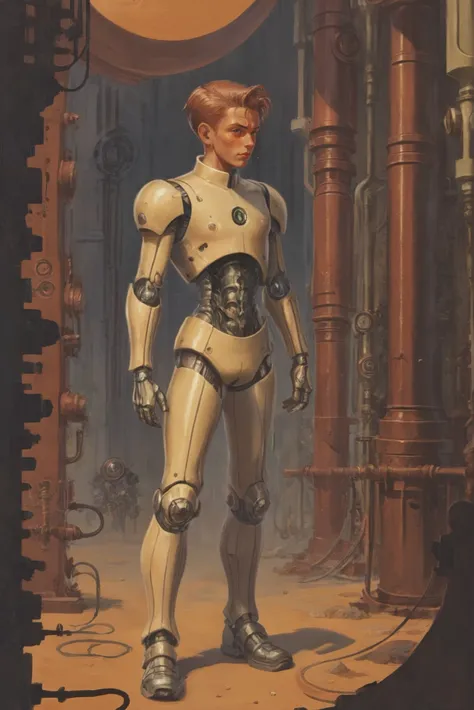 1940s pulp scifi painting, (full body:1.2), 1boy, man, solo, [:outlandish costume design,:0.2] summoner, caucasian, matte sandybrown hair, (average:1.2) build, Cybernetic Scrapyard \(room\) in a historic scifi settlement outside of the universe<lora:EnvyStarlightPulpScifi01:1>