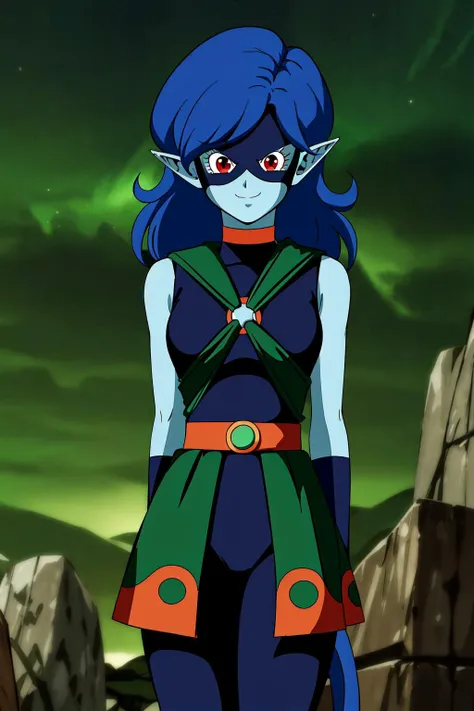 sanka coo, kakunsa, 1girl, frustrated, solo, long hair, looking at viewer, red eyes, , blue hair, pointy ears, torn clothes, torn bodysuit, torn mask, colored skin, scar, clenched teeth, angry, clenched hands, blue skin, blue bodysuit, blue tail, cat tail, cleavage, arms up, cowboy shot, eyelashes, blue mask, gold choker, messy hair, navel, orange belt, sleeveless bodysuit, small_breasts, pointy nose, fingernails,
<lora:kakunsa:0.8>