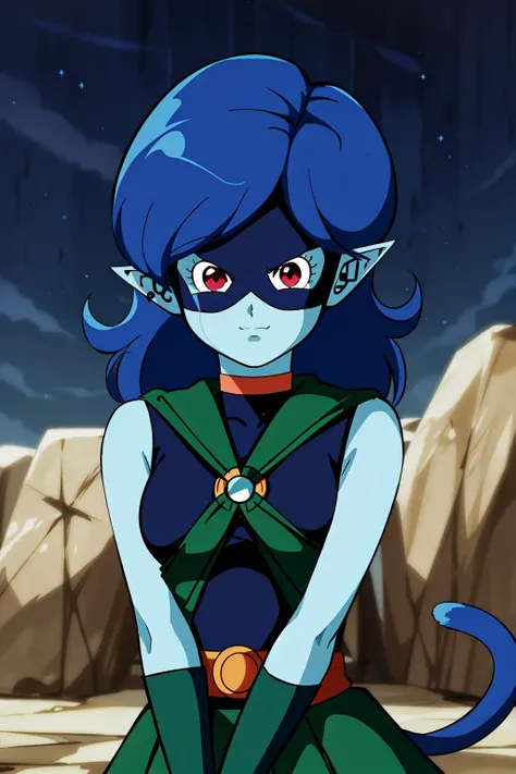 sanka coo, kakunsa, 1girl, solo, long hair, red eyes, blue hair, cat tail, pointy ears, mask, colored skin, domino mask, sitting, rock, own hands together, covering crotch, orange belt, upper body, sleeveless bodysuit, open skirt, looking at viewer, small_breasts, green skirt, green gloves, gold choker, gloves, eyelashes, closed mouth, chest belt, cleavage, blue tail, blue skin, blue mask, blue bodysuit, messy hair, pointy nose
<lora:kakunsa:0.7>