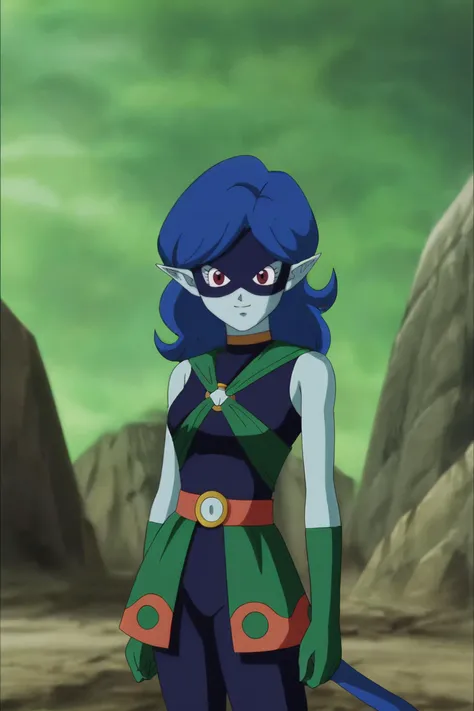 source_anime, score_9, score_8_up, score_7_up, anime screencap,
sanka coo, kakunsa, 1girl, solo, long hair, looking at viewer, smile, red eyes, gloves, blue hair, pointy ears, mask, colored skin, rock, blue skin, domino mask, standing, small_breasts, sleeveless bodysuit, open skirt, orange belt, multicolored skirt, green sky, mountain, messy hair, legs together, navel, green skirt, green armwear, gold choker, eyelashes, cowboy shot, closed mouth, cat tail, arm behind back, cleavage, chest belt, blue tail, blue bodysuit, belt, arm at side
<lora:kakunsa_pony_v1:0.8>