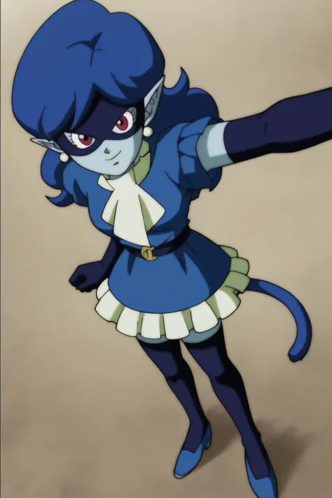 source_anime, score_9, score_8_up, score_7_up, anime screencap,
sanka coo, kakunsa, blue hair, cat tail, blue tail, blue skin, colored skin, messy hair, long hair, pointy ears, red eyes, selfie, from above,
domino mask, blue mask, thighhighs, gloves, dress, shoes, earrings, elbow gloves, ascot, belt, blue armwear, blue dress, blue footwear, blue legwear, short sleeves, frills,
<lora:kakunsa_pony_v1:0.8>