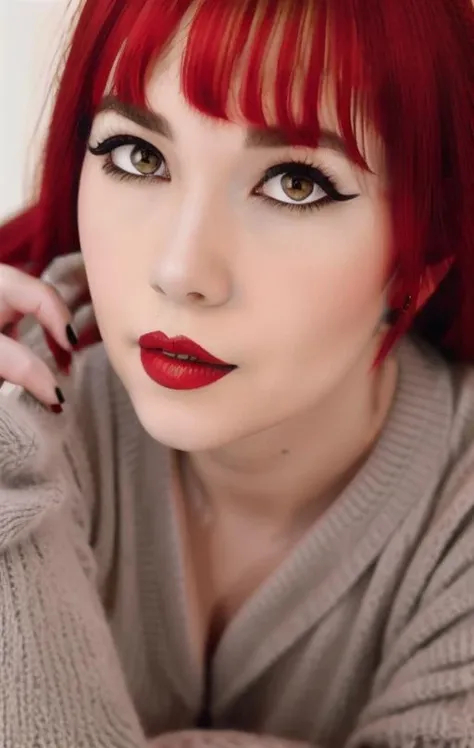 <lora:WindyGirkV2-10:1>, realistic photo of WindyG, professional portrait, red hair, close up, beautiful eyes, seductive, red lipstick, eyeliner, grey tight sweater, brown eyes