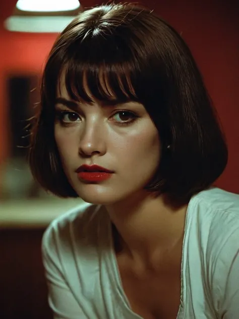 muchen,cngirl,cinematic horror scene with a brown haired Woman from the movie "pulp Fiction   ",scary,dark mood,