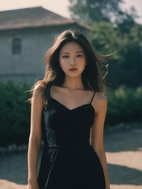 muchen,cngirl,imperfect skin face,haute couture dress,(imperfect skin body),outdoors,cinematic,(deep photo:1.1),(depth of field),Superia 400,shadows,messy hair,perfect face and body,dark,dark photo,grainy,PHOTO BY chenman,pores on the face are clearly visible,long hair,tall,