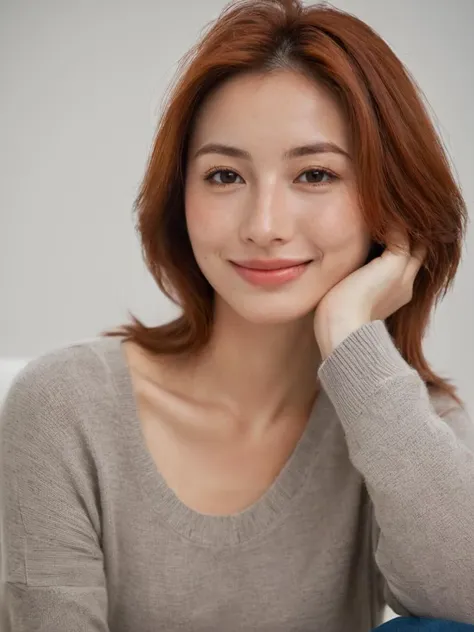 muchen,cngirl,woman of about 25 years old,red hair,brown eyes,(few freckles:0.6),relaxed and happy expression,shy and calm,relaxed,looking into the room,portrait photo,neutral background. The style is from a professional photographer,artistic photo. Very detailed in high definition,no imperfections on the face,you can just see a few very small wrinkles caused by the expression. Perfect bokhen,masterpiece photo.,