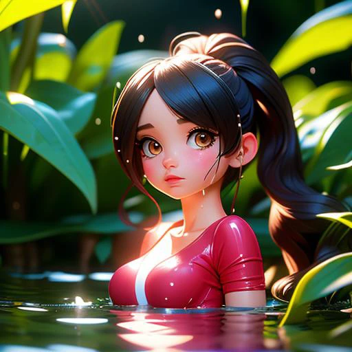 symmetrical,High detail RAW color photo professional close photograph, [:(highly detail face: 1.2):0.1], twintails, half body, pore, real human skin, a portrait of a 18yo woman bathing in a river,body contact water and ripple around, reeds,clear and clean water, shiny eyes,looking at viewer, wearing tight sports top, wet clothes, see-through clothes, wet body, wet hair, tindal effect,lens flare,shade, bloom, backlighting, depth of field, natural lighting, hard focus, film grain,
photographed by Canan EOS R6, 135mm, 1/1250s, f/2.8, ISO 400