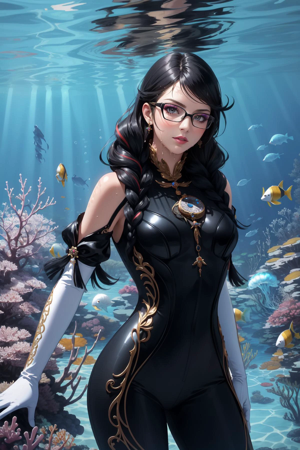 (masterpiece, best quality), intricate details,
1girl, <lora:bayonetta3-000010:0.8> bayonetta3, 1girl, long hair, glasses, makeup, twin braids, lipstick, jewelry, elbow gloves, bodysuit,
underwater, swimming, wet, jellyfish, coral, bubbles, arms behind back, holding breath,