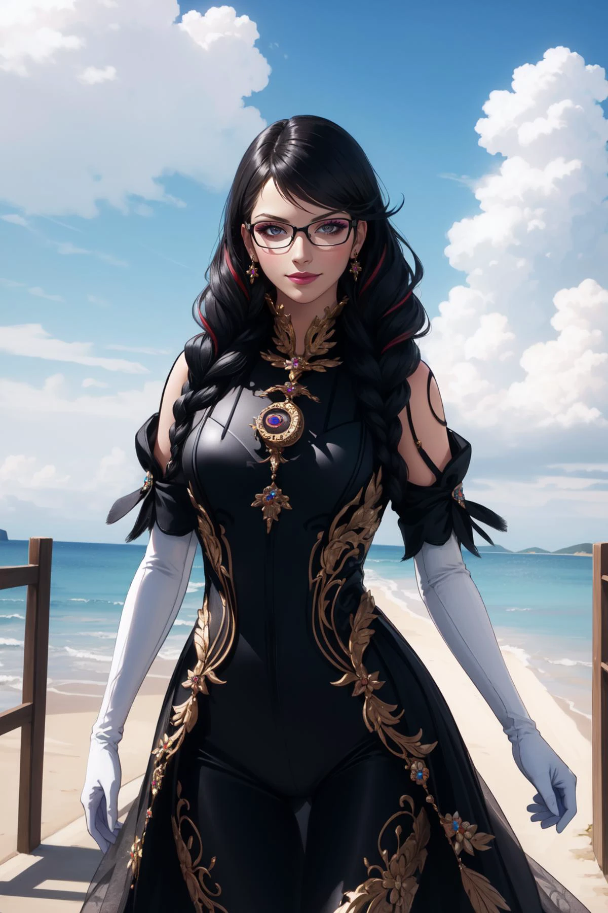 (masterpiece, best quality), intricate details,
1girl, <lora:bayonetta3-000010:0.8> bayonetta3, 1girl, long hair, glasses, makeup, twin braids, lipstick, jewelry, elbow gloves, bodysuit,
clouds, flying, sky, smirk,