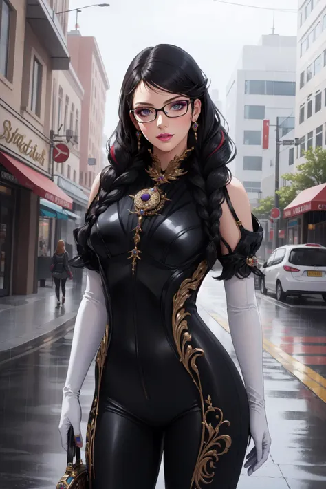 (masterpiece, best quality),  intricate details,
1girl,    <lora:bayonetta3-000010:0.8> bayonetta3, 1girl, long hair, glasses, makeup, twin braids, lipstick, jewelry, elbow gloves, bodysuit, 
outdoors, rain, city,