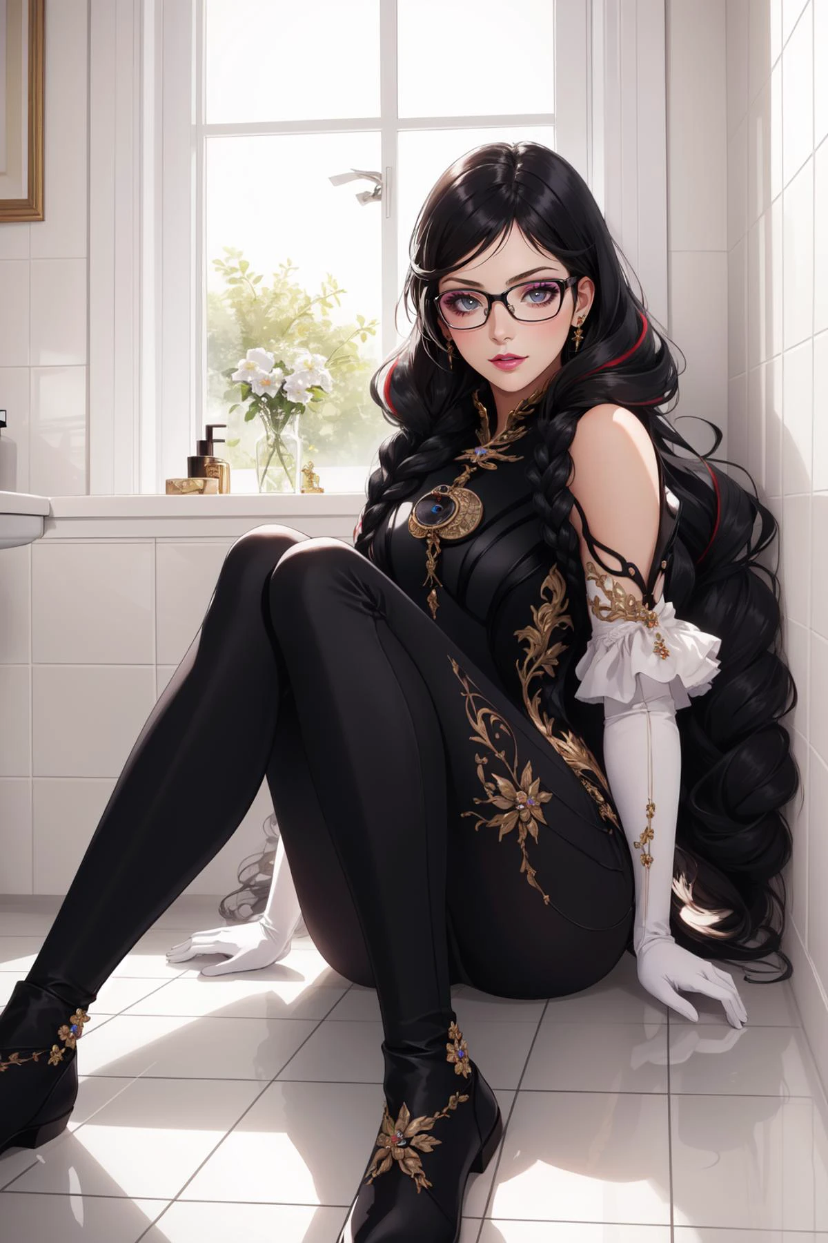 (masterpiece, best quality), intricate details,
1girl, <lora:bayonetta3-000010:0.8> bayonetta3, 1girl, long hair, glasses, makeup, twin braids, lipstick, jewelry, elbow gloves, bodysuit,
bathroom, tile floor,