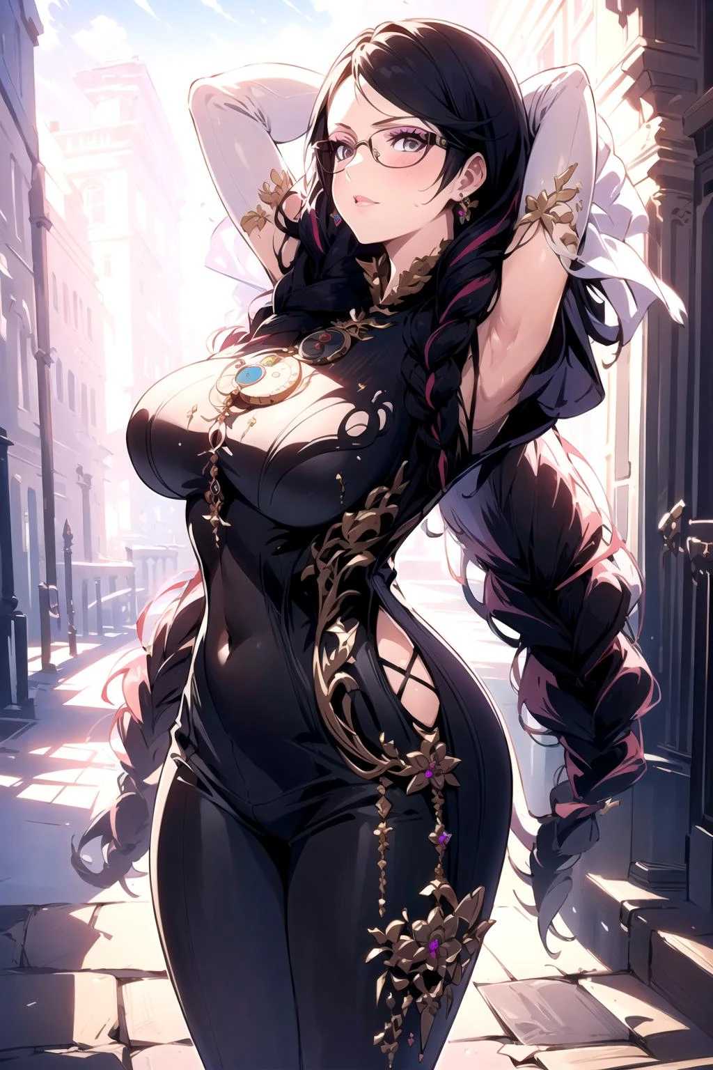 (masterpiece, best quality:1.2), intricate details, <lora:GoodHands-beta2:1>, <lora:bayonetta3-000010:1>, bayonetta3, 1girl, long hair, glasses, makeup, twin braids, lipstick, jewelry, elbow gloves, bodysuit, (mature female:1.2)