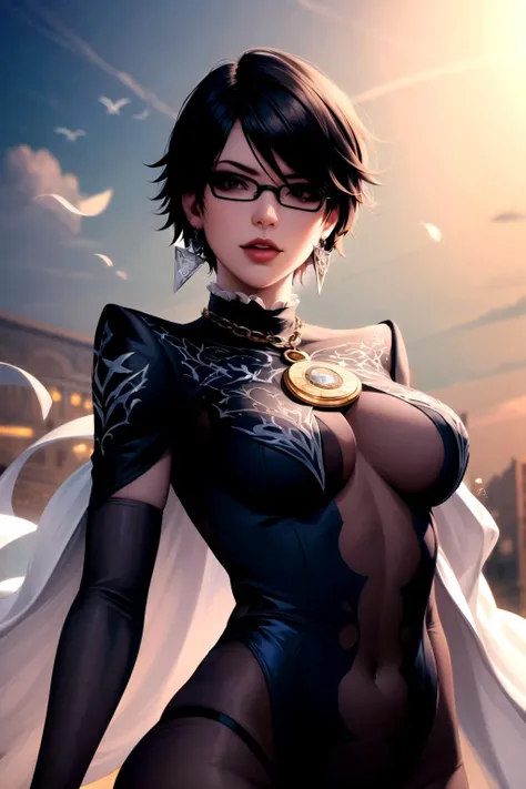 (masterpiece, best quality:1.2), intricate details, <lora:GoodHands-beta2:1>, <lora:bayonetta2-000014:1>, bayonetta2, 1girl, bodysuit, makeup, lipstick, short hair, jewelry, glasses, amulet, elbow gloves, (mature female:1.2)