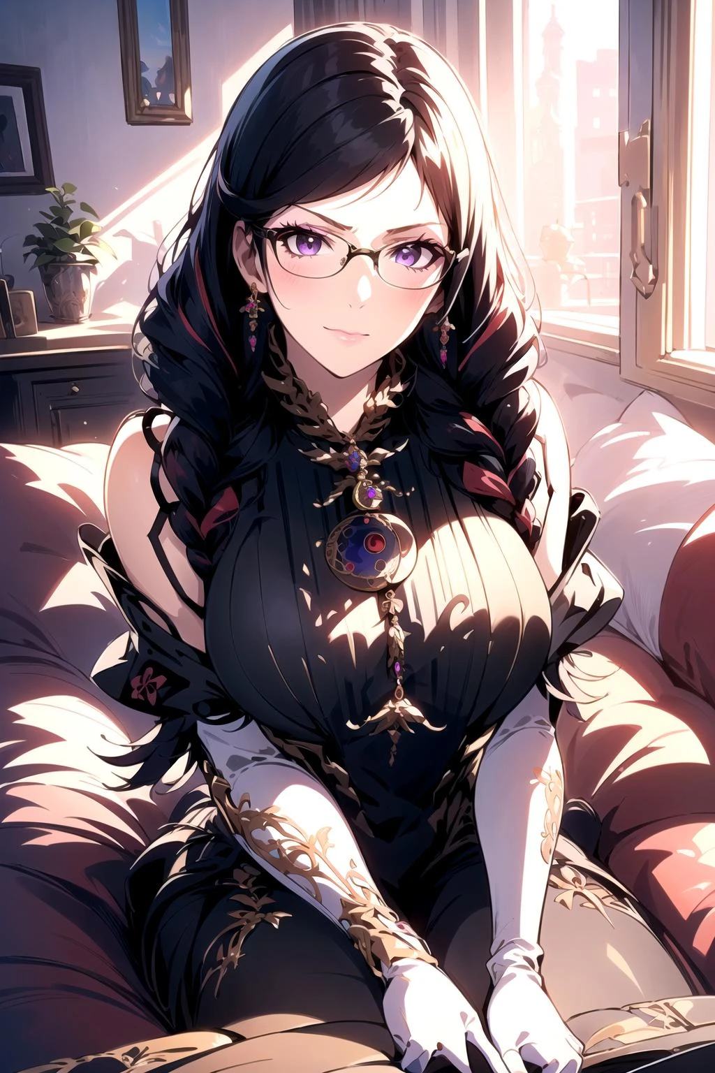 (masterpiece, best quality:1.2), intricate details, <lora:GoodHands-beta2:1>, <lora:bayonetta3-000010:1>, bayonetta3, 1girl, long hair, glasses, makeup, twin braids, lipstick, jewelry, elbow gloves, bodysuit, (mature female:1.2)