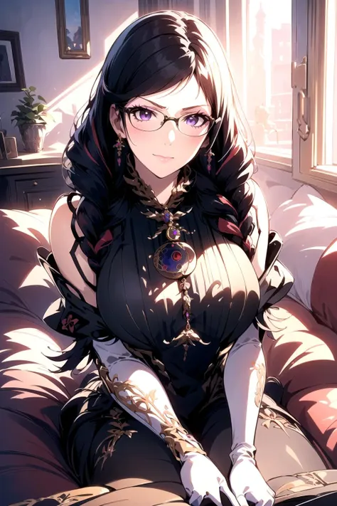 (masterpiece, best quality:1.2), intricate details,  <lora:GoodHands-beta2:1>,  <lora:bayonetta3-000010:1>, bayonetta3, 1girl, long hair, glasses, makeup, twin braids, lipstick, jewelry, elbow gloves, bodysuit, (mature female:1.2)