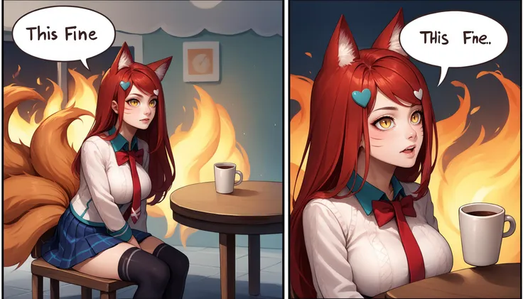 score_9, score_8_up, score_7_up, 2koma, comic, fire, sitting, speech bubble, burning, table, chair, cup, <lora:ThisIsFine_pdxl_Incrs_v1:1>, <lora:Ahri_Academy_pdxl_Incrs_v1:0.8> Ahriacademy, slit pupils, animal ears, facial mark, fox tail, multiple tails, long hair, red hair, yellow eyes, large breasts, hairclip, heart hair ornament, school uniform, bow, bowtie, necktie, skirt, black thighhighs