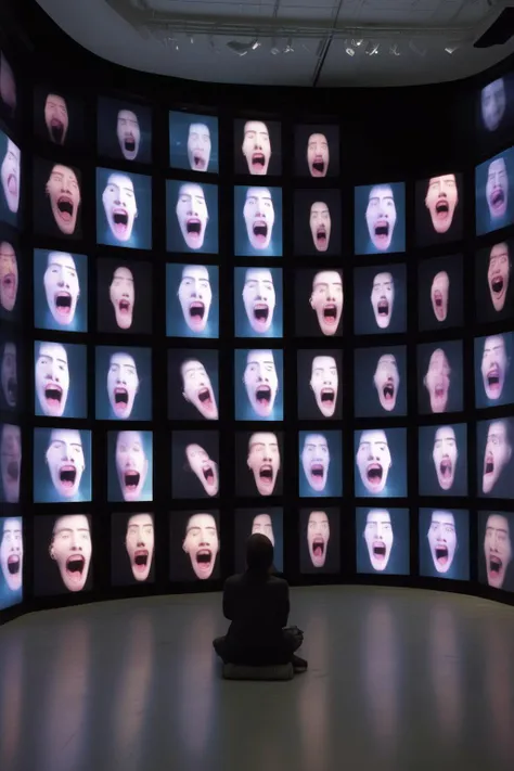 <lora:Video installation:1>Video installation - In a space, there is a screen display device that displays a portrait of a person speaking with their mouth open. Several other screens are connected next to it, displaying character symbol patterns