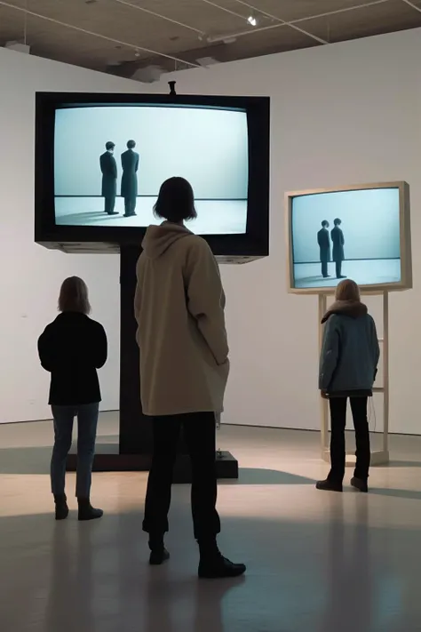 <lora:Video installation:1>Video installation - shot of a TV monitor installation in an art gallery, three people stand around watching the TV, security camera art, in the style of dystopian realism