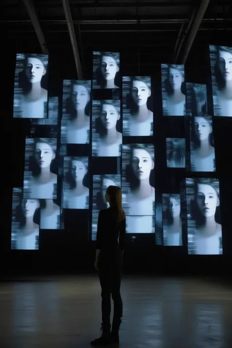 <lora:Video installation:1>Video installation - suspened vertical digital LCD screens in a dark industrial art exhibition space, woman standing in front of the screens looking at the screens