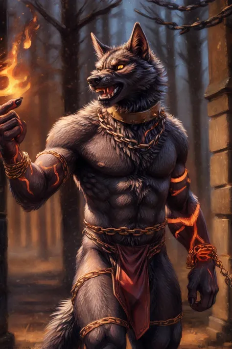 fenrir \(smite\), male, solo, wolf, nude, glowing markings, yellow eyes, black body, fire, night, forest, front view, chain, gold chain, spiked collar, bottomwear, loincloth,
BREAK,
by bruteandbrawn, by personalami, by kenket, (intricate, high detail, film photography, soft focus, RAW candid cinema, open mouth, angry,
photorealism, realistic, photorealistic, analog style, subsurface scattering,
masterpiece, best quality, ultra realistic, 8k)