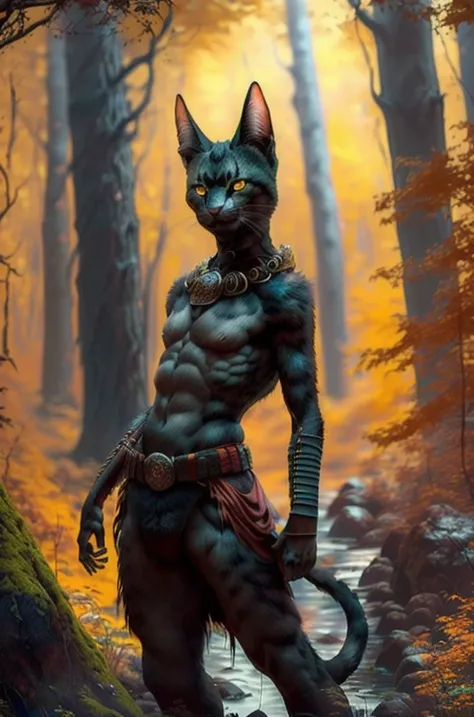 RAW photo, werecreature, werecat cat, large head, in a forest, 80mm, f/1.8 <lora:wereanimal:0.8>