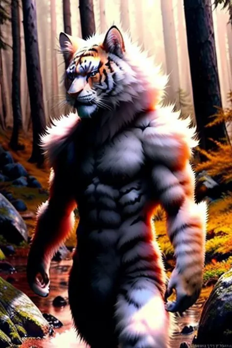 RAW photo, werecreature, werecat tiger, white fur, large head, in a forest, 80mm, f/1.8 <lora:wereanimal_10:0.8>