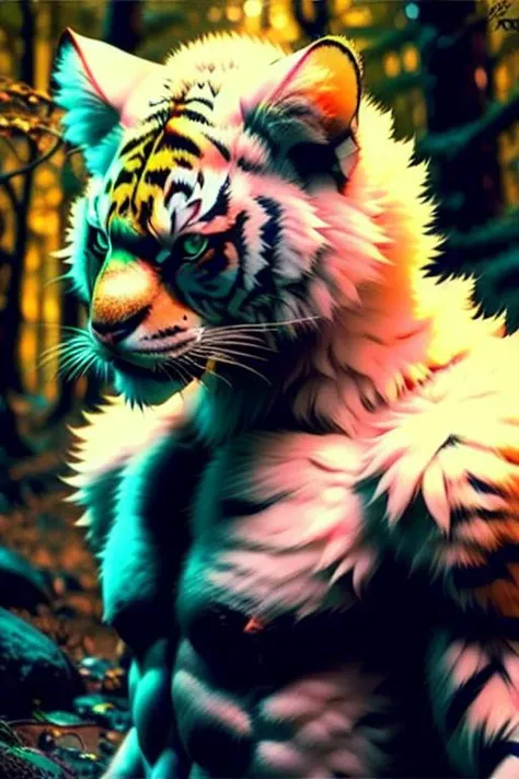 RAW photo, werecreature, werecat tiger, white fur, large head, in a forest, 80mm, f/1.8 <lora:wereanimal_10:0.8>