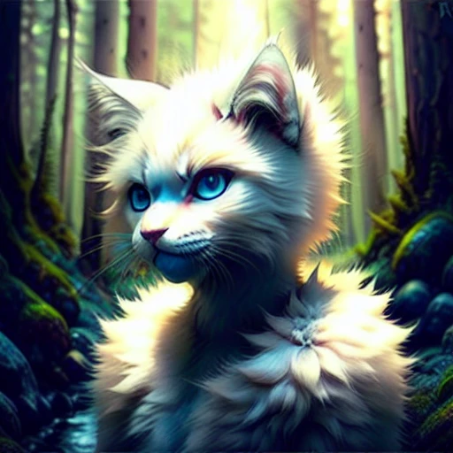 RAW photo, werecreature, werecat cat, white fur, large head, in a forest, 80mm, f/1.8 <lora:wereanimal_10:0.8>