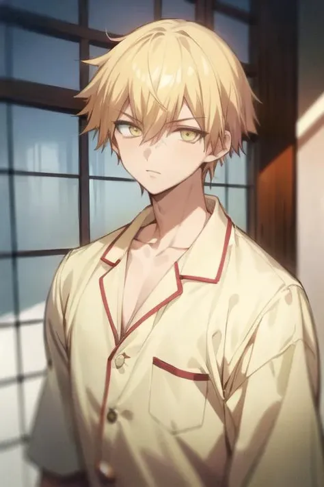 masterpiece, best quality, high quality, 1boy, solo, male focus, looking at viewer, upper body, <lora:ramune:0.60>, ramune, blonde hair, yellow eyes, hair between eyes, , pajamas