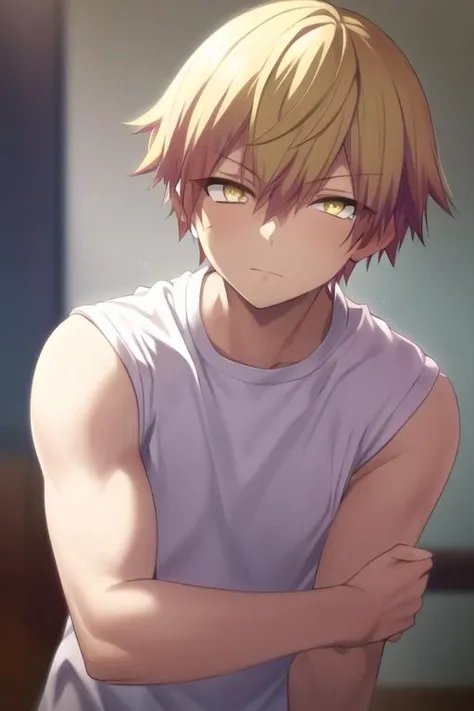 masterpiece, best quality, high quality, 1boy, solo, male focus, looking at viewer, upper body, <lora:ramune:0.58>, ramune, blonde hair, yellow eyes, hair between eyes, , gakuran