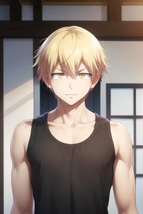 masterpiece, best quality, high quality, 1boy, solo, male focus, looking at viewer, upper body, <lora:ramune:0.60>, ramune, blonde hair, yellow eyes, hair between eyes, , tank top