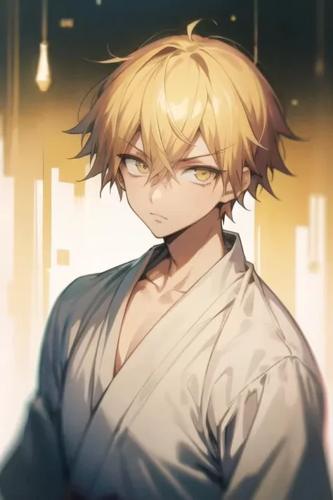 masterpiece, best quality, high quality, 1boy, solo, male focus, looking at viewer, upper body, <lora:ramune:0.52>, ramune, blonde hair, yellow eyes, hair between eyes, , yukata